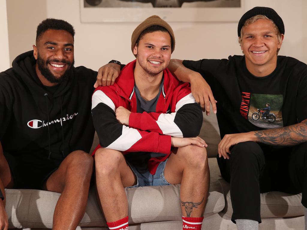 Cats housemates Esava Ratugolea, Brandon Parfitt  and Quinton Narkle  at home for a feature story. Picture: Alison Wynd