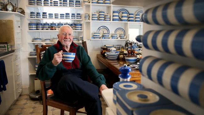 George Burrows surrounded by his Cornishware collection in his old kitchen at the Black Snake Inn in 2017. Picture: SAM ROSEWARNE.