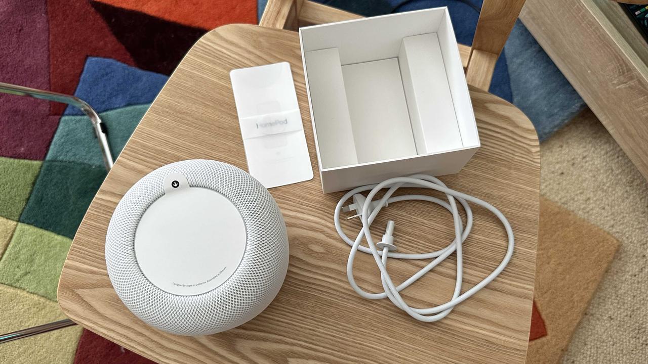 The box contains a hefty 7 inch tall HomePod, a power cable and some quick start documents. Picture: Elly Awesome