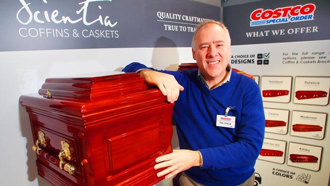 Costco Australia managing director, Patrick Noone, with models of coffins on sale at some stores in Australia. Picture: Phil Rogers