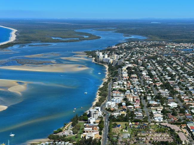 Aerial photography Sunshine Coast.  Pumicestone passage. Golden Beach. Pelican Waters.