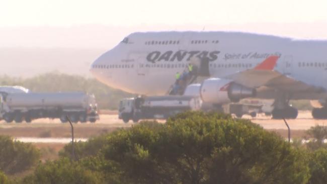 The Qantas plane landing at Learmonth. Picture: Seven News