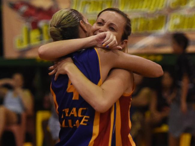 Great mates and Jets stalwarts Kyle Duggan and Sam Rioli celebrate beating Lightning in the DBA Grand Final in December, 2016. Picture: HELEN ORR.