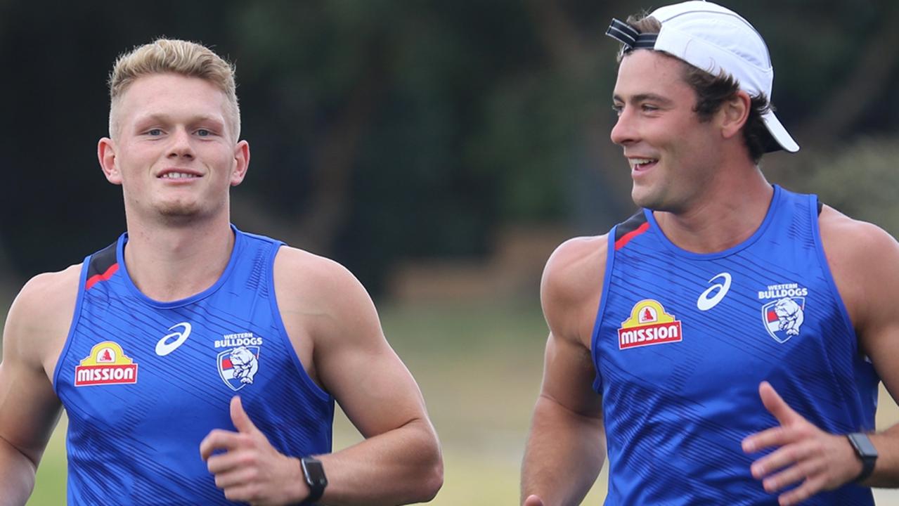 Adam Treloar and new teammate Josh Dunkley at pre-season training. Picture: WESTERN BULLDOGS