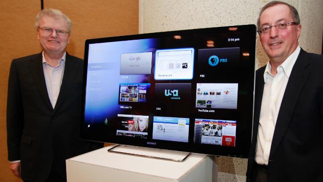 Sony CEO Howard Stringer, left, and Intel CEO Paul Otellini show off Google TV at the Google conference in San Francisco / AP