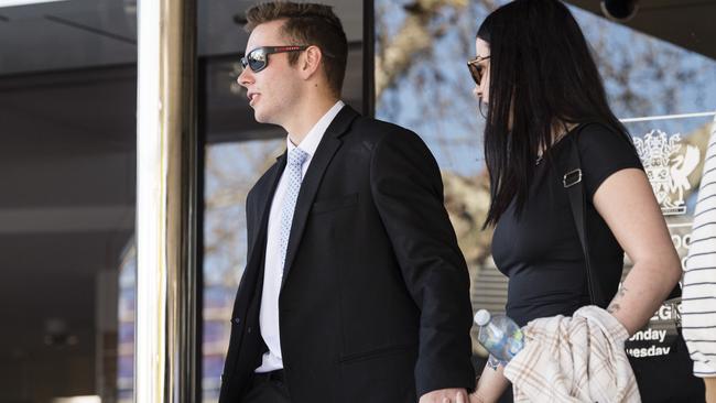 Kyle James Hibbins and Chelsea Jo Leak leaving Toowoomba Courthouse after being sentenced for armed robbery, Friday, September 1, 2023.