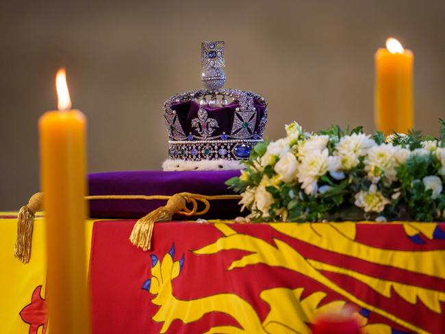 The Queen’s Imperial Crown sits atop her coffin. Picture: Getty Images.