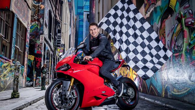 MotoGP star Jorge Lorenzo on a Ducati 1299 in Hosier Lane, Melbourne. Picture: Jake Nowakowski