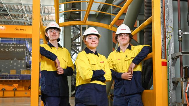 BAE Systems apprentices Darcy Conry, 18, Rebecca Hlinak, 18 and Damon Anderson, 19, are part of the Hunter-class frigate workforce in Adelaide. Picture: Naomi Jellicoe