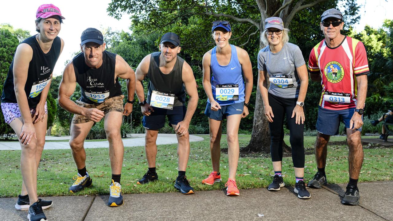 Ready to run are (from left) Amy Hams, Gavin Hams, Matthew Scherger, Emily Scherger, Jan Boyce and Peter Boyce for Peak2Park fun run, Sunday, March 2, 2025. Picture: Kevin Farmer