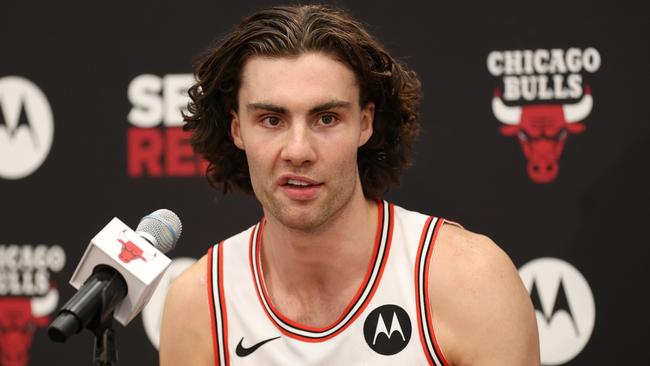 CHICAGO, ILLINOIS - SEPTEMBER 30: Josh Giddey #3 of the Chicago Bulls speaks to the media during Chicago Bulls Media Day at Advocate Center on September 30, 2024 in Chicago, Illinois.  (Photo by Michael Reaves/Getty Images)