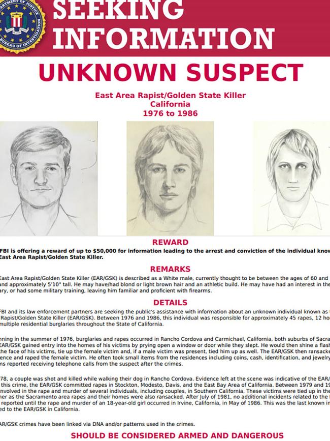 This FBI wanted poster obtained April 25, 2018 shows drawings of a suspect known as the Golden State Killer. Picture: FBI/AFP