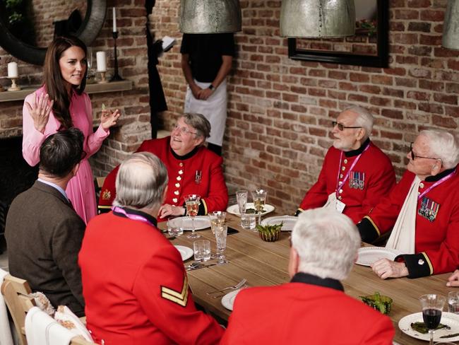 Catherine, Princess of Wales speaks to the Chelsea Pensioners, after taking part in the first Children's Picnic at the RHS Chelsea Flower Show. Picture: Getty Images