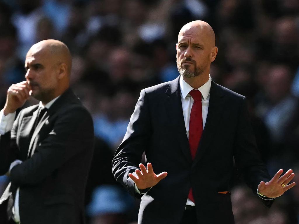 Erik ten Hag (R) got the better of Manchester City manager Pep Guardiola (L) this time around. Picture: Ben Stansall/AFP