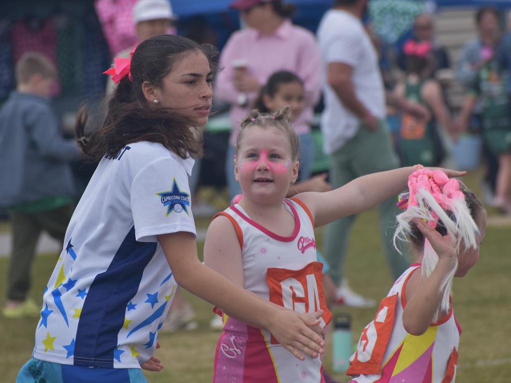 On court at the Cap Coast Junior Netball Carnival at the Barmaryee Multi Sports Precinct, Yeppoon, on August 11, 2024. Photo: Pam McKay
