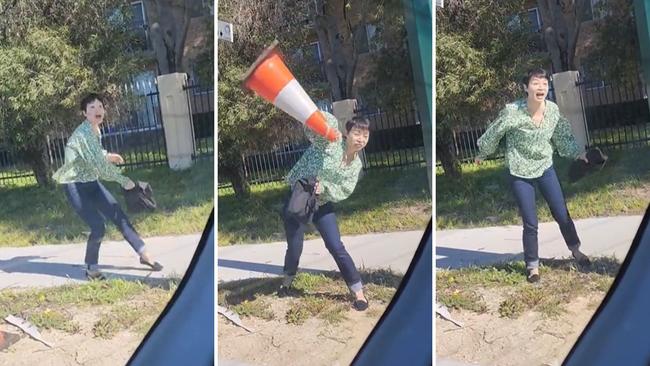 A woman threw a traffic cone at a learner driver in a foul-mouthed road rage attack caught on camera at the weekend. Picture: TikTok.