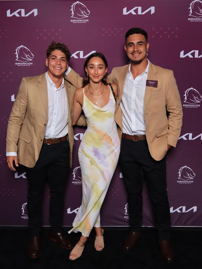 Reece Walsh, Cecily Arrindall and Keenan Walsh at the Brisbane Broncos’ season launch at Water’s Edge, Hamilton. Picture: David Clark