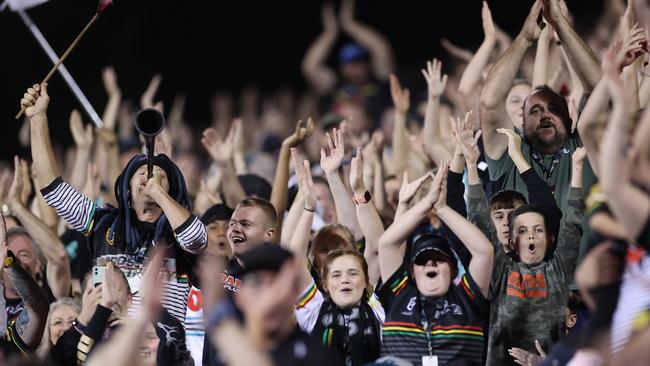 SYDNEY, AUSTRALIA - APRIL 09:  Panthers fans show their support during the round five NRL match between the Penrith Panthers and the Canberra Raiders at BlueBet Stadium on April 09, 2021, in Sydney, Australia. (Photo by Mark Kolbe/Getty Images)