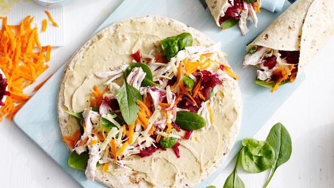 Simple chicken wraps are good lunch box filler.