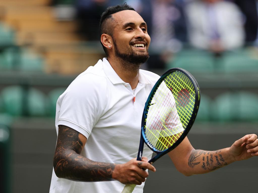 Nick Kyrgios was his enigmatic self as he saw off Ugo Humbert to go through to the second round at Wimbledon. (Photo by Clive Brunskill/Getty Images)