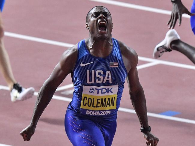 Christian Coleman, of the United States, reacts after winning the men's 100 meter race during the World Athletics Championships in Doha, Qatar, Saturday, Sept. 28, 2019. (AP Photo/Martin Meissner)