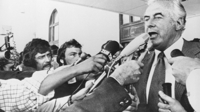 During Australia's constitutional crisis of 1975, Prime Minister Gough Whitlam addresses reporters outside the Parliament building in Canberra after his dismissal by Australia's Governor-General. Picture: Getty Images.