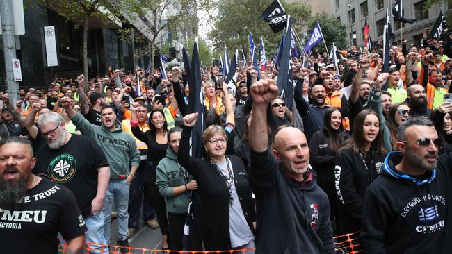 Workers as a CFMEU rally in Melbourne on April 5. Picture: David Crosling