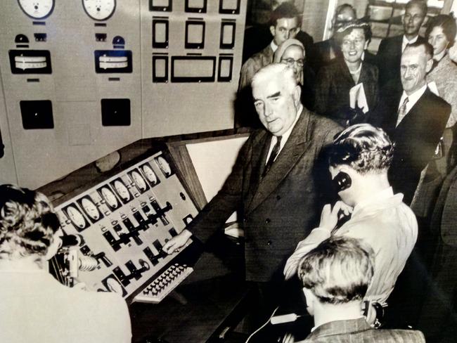 Flicking the switch: Former prime minister Robert Menzies in one of the control centres of the Snowy Mountains Scheme.