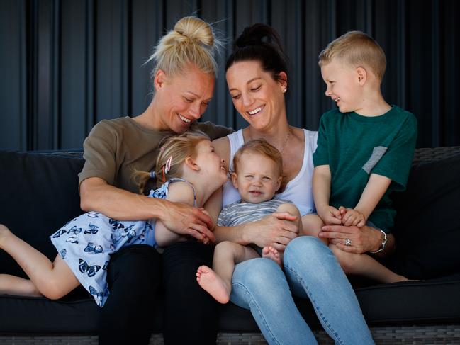 Erin Phillips with her wife Tracy Gahan and children Brooklyn 3, Drew (14 months) and Blake 3 at home on October 2, 2020. Picture Matt Turner.