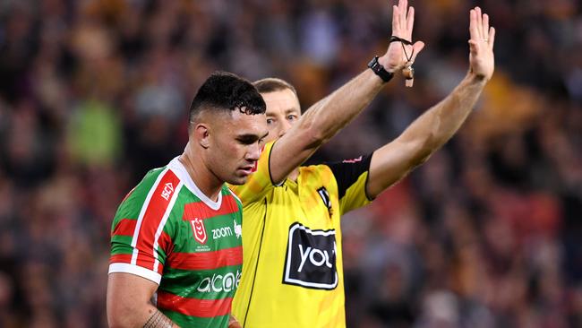 Jaydn Su'A of the Rabbitohs is sent to the sin-bin during Saturday night’s clash with the Brisbane Broncos. Picture: Dan Peled/AAP