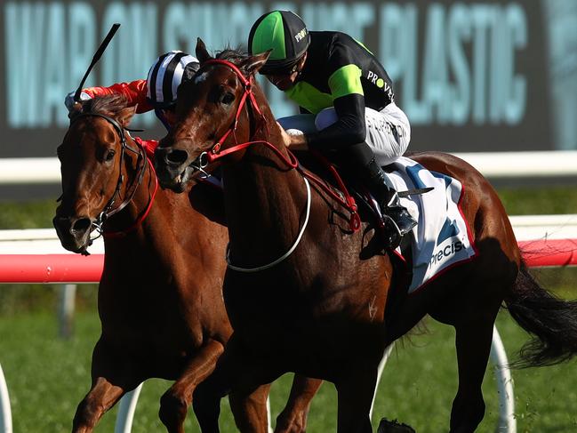 SYDNEY, AUSTRALIA - SEPTEMBER 30: Sam Clipperton riding Think About It wins Race 7 The Precise Air Premiere Stakes during Sydney Racing at Royal Randwick Racecourse on September 30, 2023 in Sydney, Australia. (Photo by Jason McCawley/Getty Images)