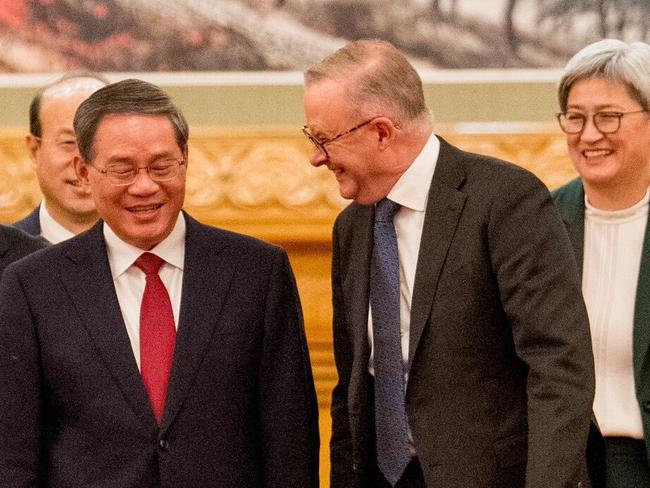 Prime Minister Anthony Albanese and Foreign Minister Penny Wong are greeted by Chinese Premier Li Qiang at the Great Hall of the People in Beijing, China, Tuesday, November 7, 2023. Picture: PMO