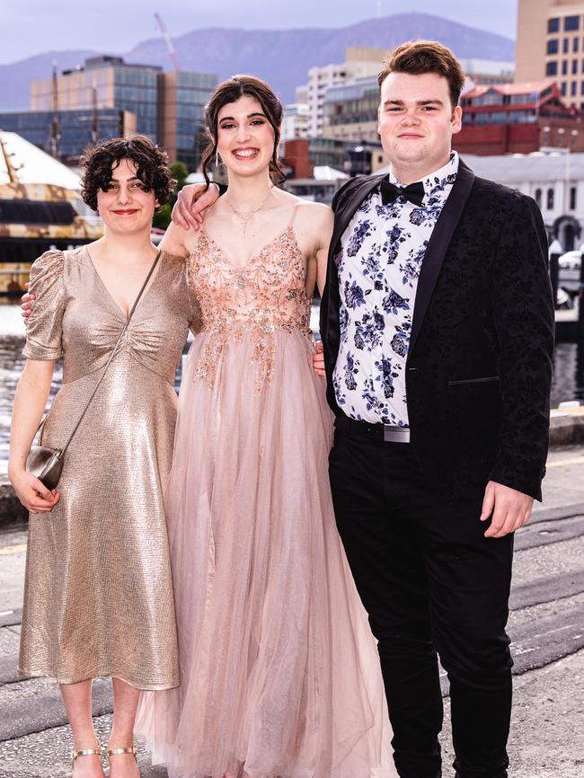 Hobart College leavers dinner 2022 Maya Kukola, Indiana Dalton, Finnan Maxwell Mullane. Picture: Linda Higginson