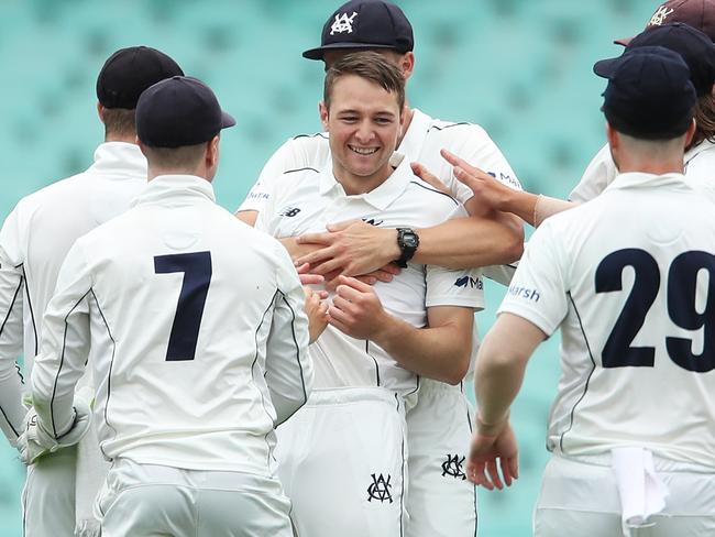 Celebration for a Sheffield Shield scalp last summer. Picture: Matt King/Getty Images