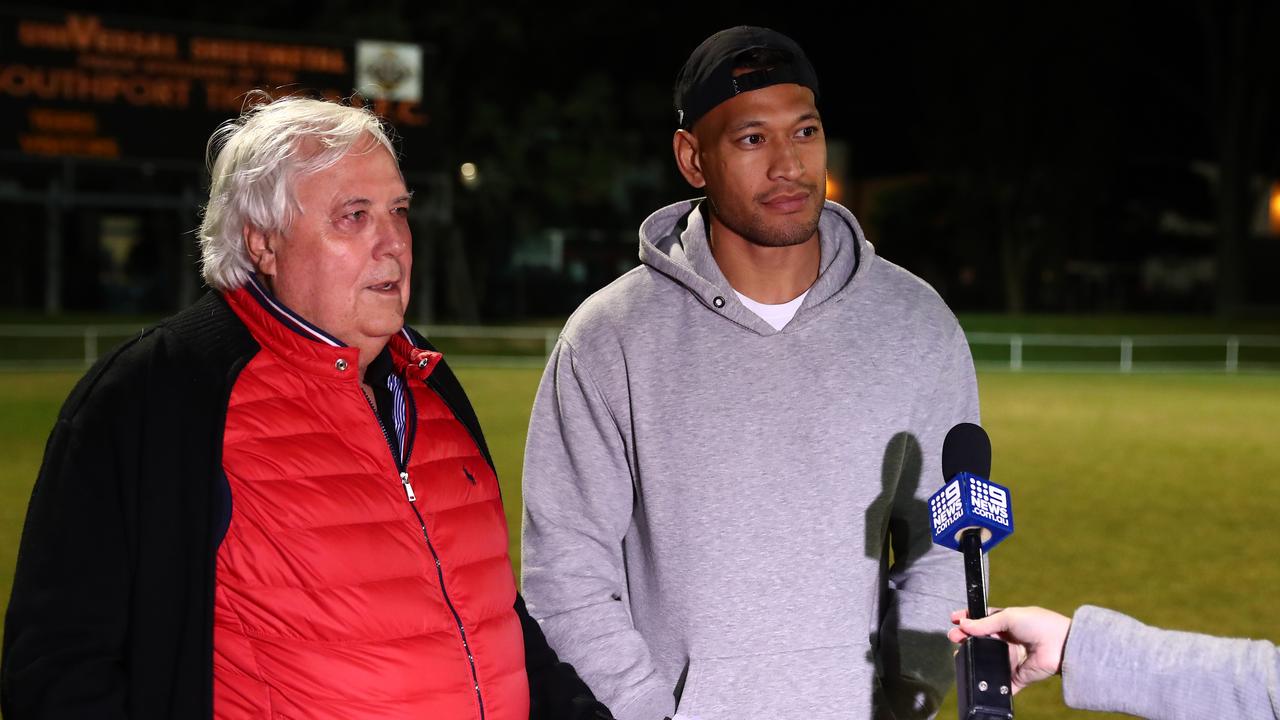 GOLD COAST, AUSTRALIA – MAY 27: Clive Palmer and Israel Folau speak to media at Owen Park on May 27, 2021 in Gold Coast, Australia. (Photo by Chris Hyde/Getty Images)