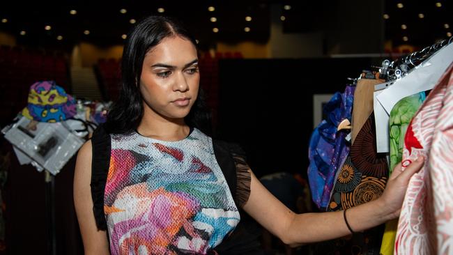 Destinee Green at the 2024 Country to Couture at the Darwin Convention Centre showcases hand-designed First Nations fashion. Picture: Pema Tamang Pakhrin