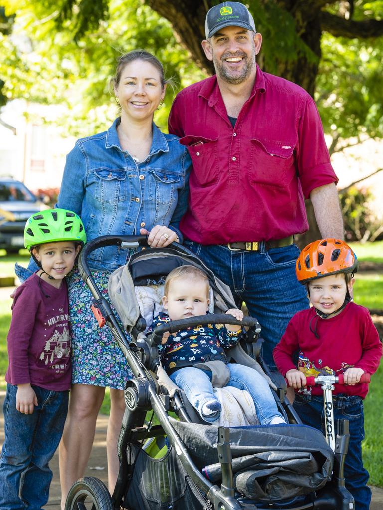 Lucinda and Shane Macnamara celebrate Mother's Day with their kids (from left) Ian, Archie and Toby in the Queensland State Rose Garden, Newtown Park, Sunday, May 8, 2022. Picture: Kevin Farmer