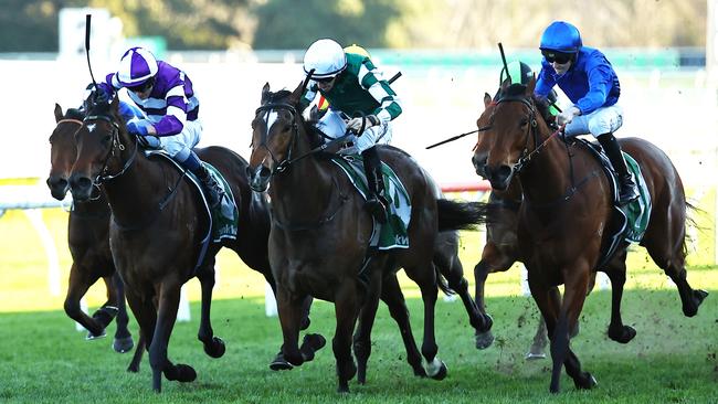 Kimochi (middle) beats Commemorative (right) and Mumbai Muse (left) in the Toy Show Quality at Randwick. Picture: Getty Images