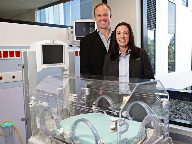 Nurse Unit Manager Kristen Boyd and paediatrician Dr Rob Slade in the special baby unit at Northern Beaches Hospital, shortly before it opened last October. Picture: Adam Yip