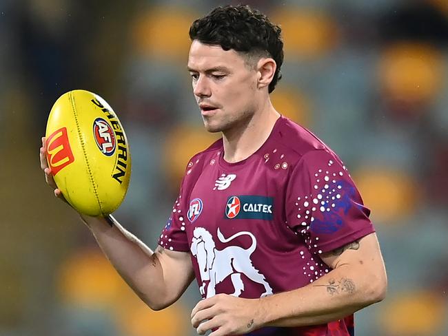 BRISBANE, AUSTRALIA - APRIL 20: Lachie Neale of the Lions warms up during the round nine AFL match between Brisbane Lions and Geelong Cats at The Gabba, on April 20, 2024, in Brisbane, Australia. (Photo by Albert Perez/AFL Photos/via Getty Images)