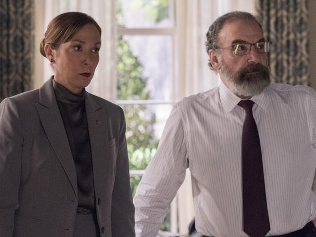 Elizabeth Marvel as Elizabeth Keane and Mandy Patinkin as Saul Berenson in <i>Homeland.</i>