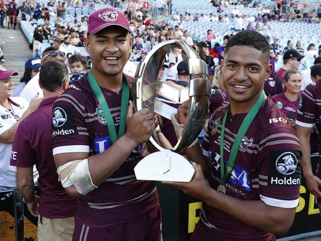 Manly's Haumole Olakau'atu and Manase Fainu celebrate victory after the Parramatta Eels v Manly 2017 Holden Cup U20's Grand Final. Picture: Brett Costello