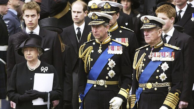 The Queen, the Prince of Wales and Prince Philip at the funeral of the Queen Mother at Westminster Abbey in 2002. Picture: Anwar Hussein/Getty Images/The Times