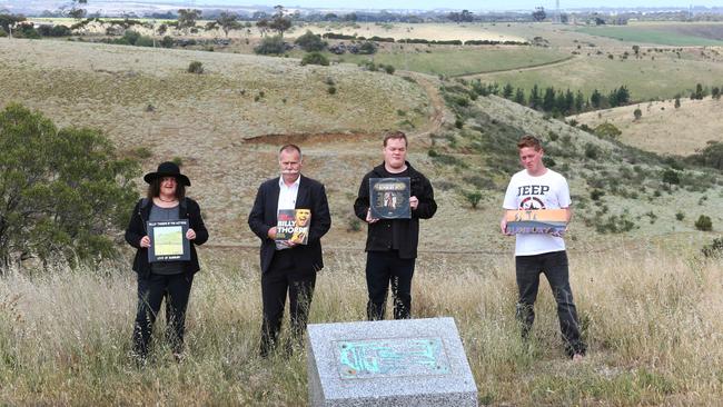 Disappointed members of the Sunbury Pop /rock Festival Facebook group at the site of the old festival off Duncans Rd Diggers Rest where the plaque of Billy Thorpe has been stolen. Pictured from left Deborah Sweeney, City of Hume Cr Jack Medcraft , Mark Belcher and Stuart Belcher they are holding memorabilia from the event. Picture: Mark Wilson