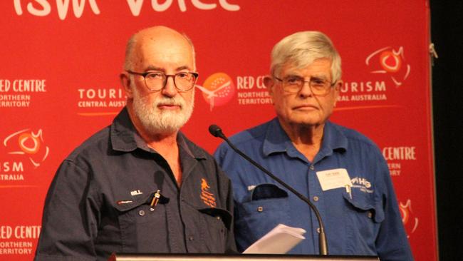 G'Day mate tourist parks owner-operator Bill Wilcox and Wintersun Caravan Park owner Brendan Heenan at the Tourism Central Australia meeting on Monday, February 24, 2025: Picture: Gera Kazakov