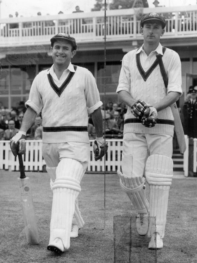 Colin McDonald and Bill Lawry walk out to open at Edgbaston in 1961.