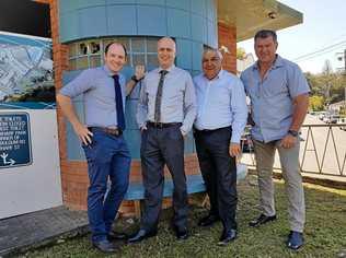 WASTE NOT: Nationals Candidate for Lismore Austin Curtin, Tweed Shire Council general manager Troy Green, Lismore MP Thomas George and Cr Pryce Allsop at the Queen Street amenities block. Picture: Contributed