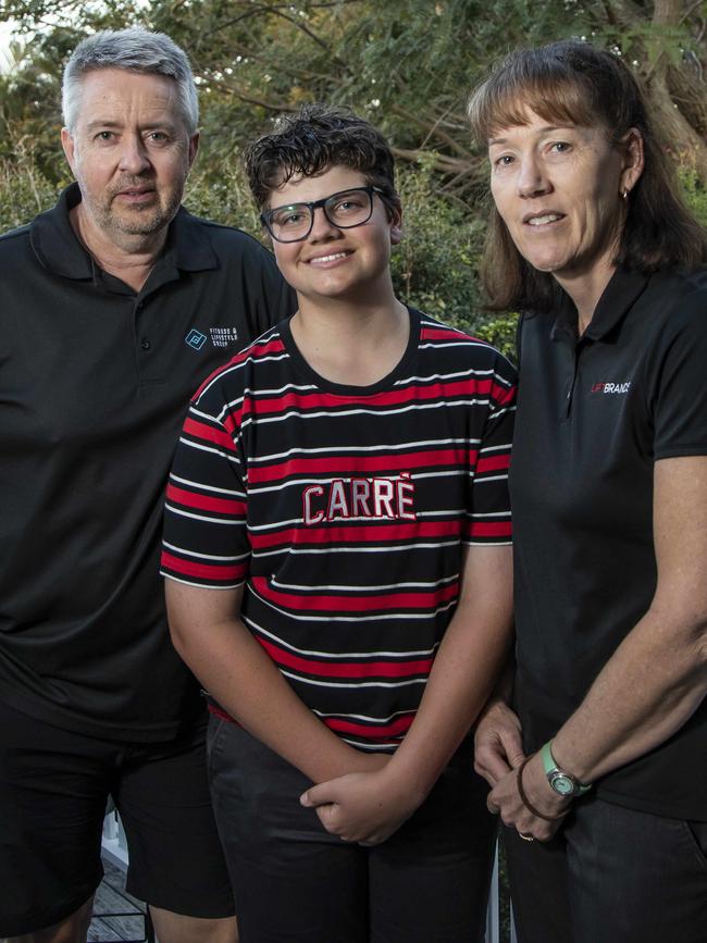 Harrison Kirk, with Peter and Fiona Waterson whose son suicided unexpectedly. The three are keeping in touch and supporting each other through their grief. Pic Mark Cranitch.