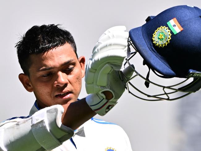 India’s Yashasvi Jaiswal acknowledges the crowd while walking back after his dismissal for 161 on day three of the first Test match against Australia at Optus Stadium in Perth on November 24, 2024. Picture: AFP