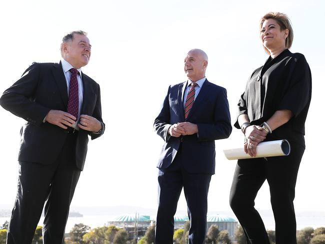 Former TasWater chairman Miles Hampton, left, State Growth Minister Peter Gutwein and Macquarie Point Development Corporation chief executive Mary Massina. Picture: SAM ROSEWARNE.